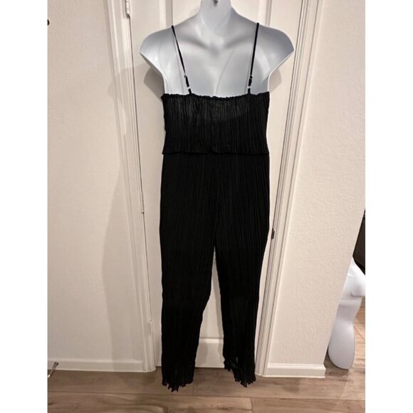 Womens Black Pleated Spaghetti Strap Jumpsuit Size L Polyester & Spandex Blend - Picture 5 of 10